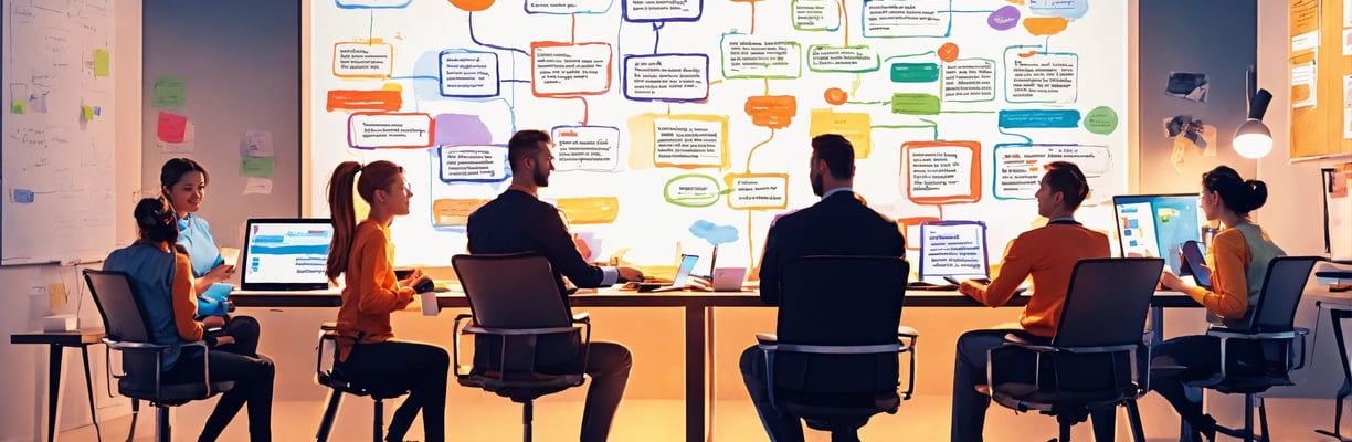 a group of people sitting at a table with laptops discussing inventory transformation process