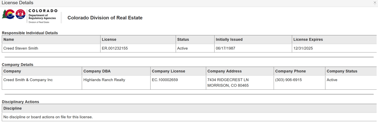 Creed Smith Active Colorado Real Estate License