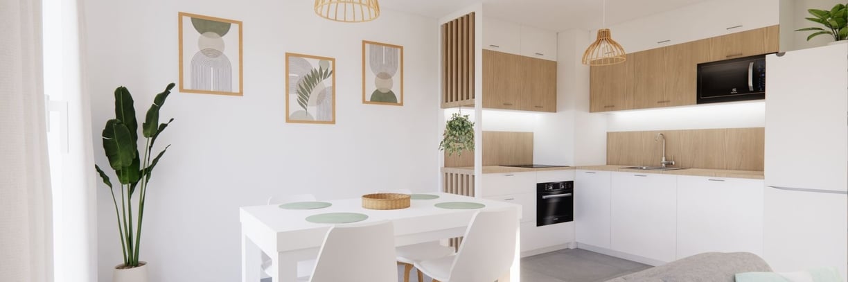 Cuisine blanche et bois cadre déco et plante
