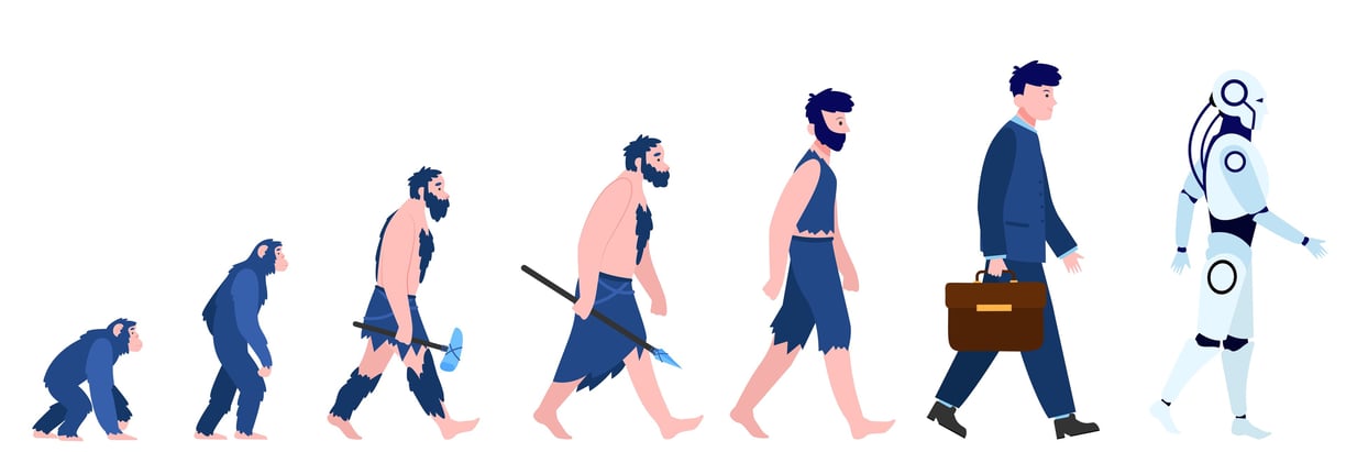a man in a suit and tie is walking in a line of people. Human evolution from monkey to a modern man