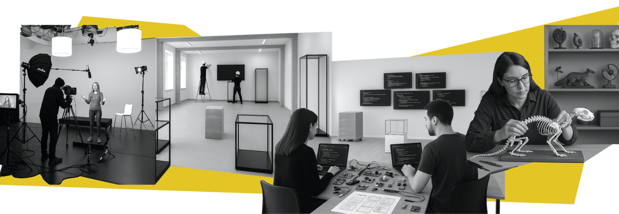 Filmen, Bauen, Kodieren und Montieren von Elementen während der Ausstellungsproduktion und -prüfung.
