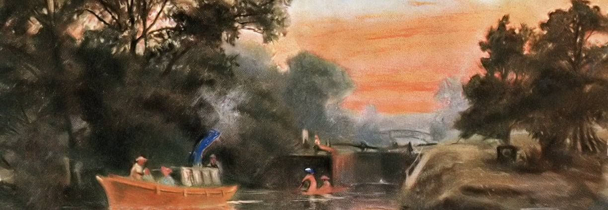 Oil painting of people enjoying boats on a lake at sunset