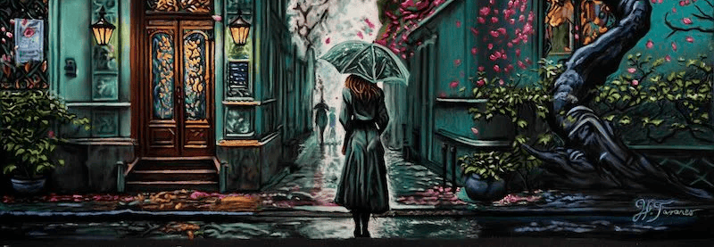 a painting of a woman with an umbrella walking into a street with turquoise colors