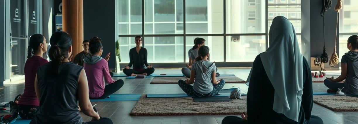 a yoga studio with lots of natural lighting with a group is practicing a sitting yoga pose