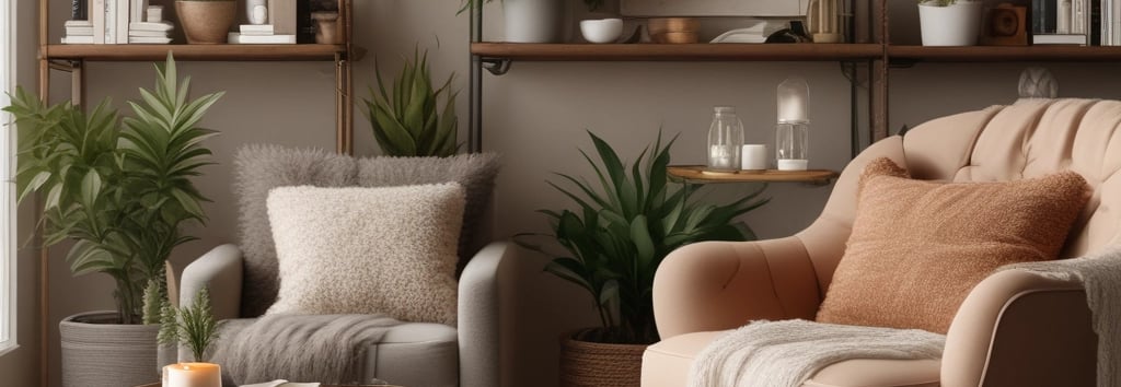 A warm, inviting living space filled with soft textures and ambient lighting. A plush velvet armchai