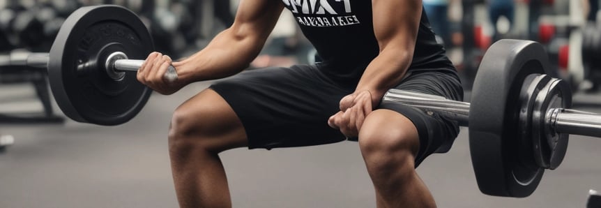 A person wearing athletic wear and a cap is in a gym setting, practicing boxing with blue gloves. The gym is well-lit and features fitness equipment such as dumbbells and benches. The person appears focused and is positioned in front of a mirrored wall.