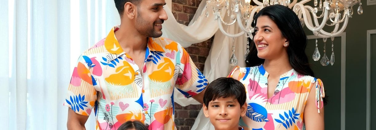 a family of three standing in front of a chandelier