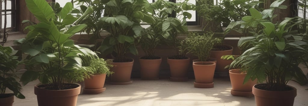 A tall, leafy indoor plant is placed in a decorative woven pot, situated next to a window covered with sheer white curtains. The plant's leaves are green and the floor appears to be made of wooden panels.