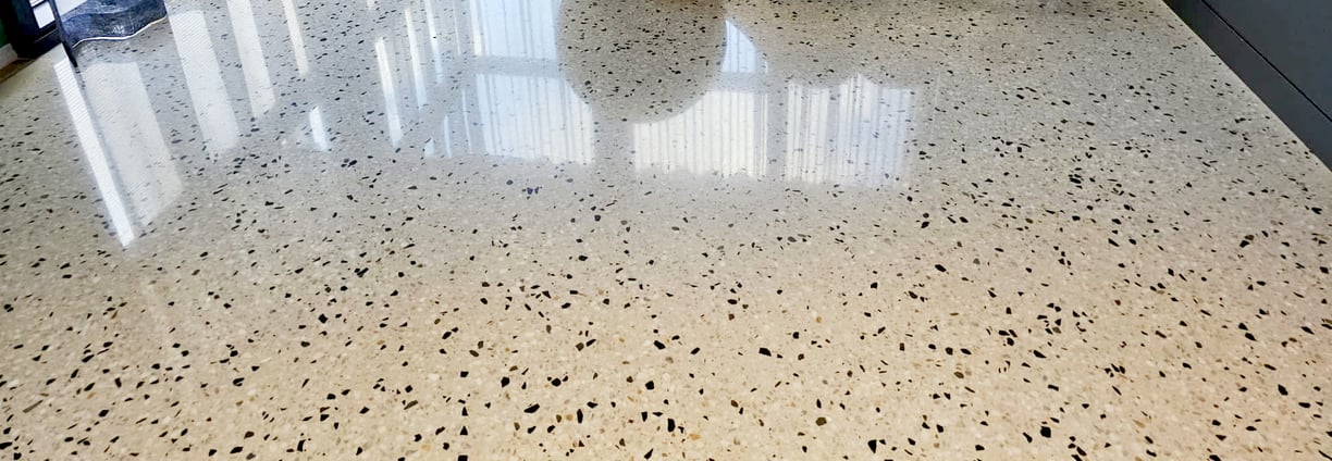 Salt and peppered polished concrete indoor flooring in an oval shaped picture.