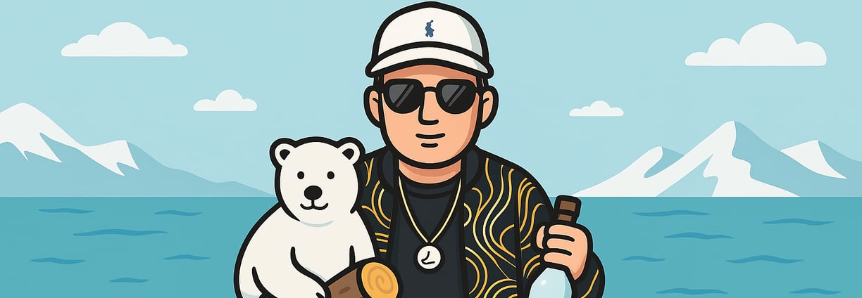 Hustensaft Jüngling sitzt gemeinsam mit einem jungen Eisbären auf einer Eisscholle, im Hintergrund arktisches Meer und schnee