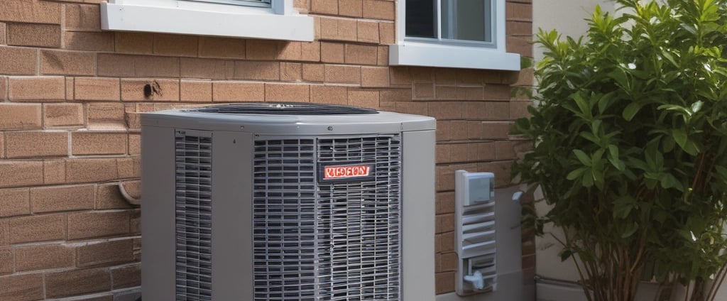 A series of air conditioning units are mounted on a metal structure outside a building with white paneling. Two large windows are visible behind the units, revealing the indoors with fluorescent lighting.
