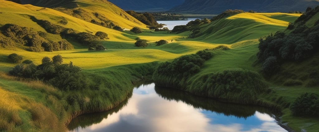 A New Zealand flag waves prominently against a serene backdrop of a vast, blue body of water. The sky above mirrors the water’s tranquil shades, creating a harmonious scene. A distant piece of land peeks from the top right corner, adding depth to the image.
