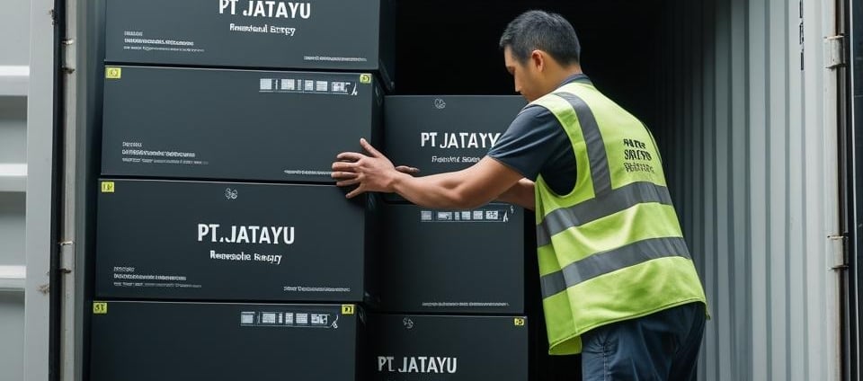 Loading coconut charcoal briquettes into container – PT Jatayu Renewable Energy