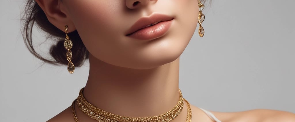 An arrangement of several pieces of metal jewelry, including hoop earrings and a ring, laid out on a white collared shirt with button and ruffle details.