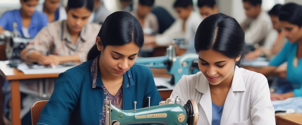 Hands are weaving yellow threads on a loom, creating a textile with an intricate pattern. The textile features a geometric design in orange and red tones. The threads are tightly arranged, and the overall scene suggests careful attention to detail.