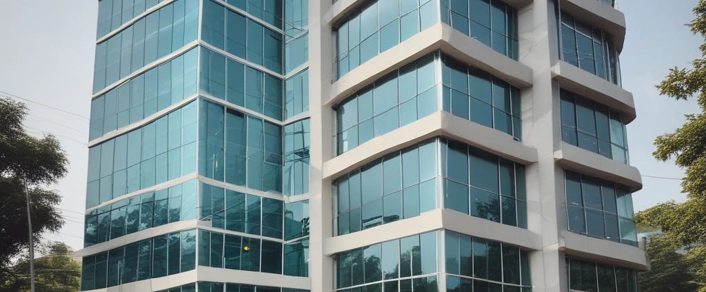 The image features the facade of a modern office building with a clean, geometric design. It is constructed with a combination of red brick and large glass panels, and there is a prominently displayed sign for Tata Consultancy Services in blue. Trees partially frame the view, and a lamppost is visible at the foreground.