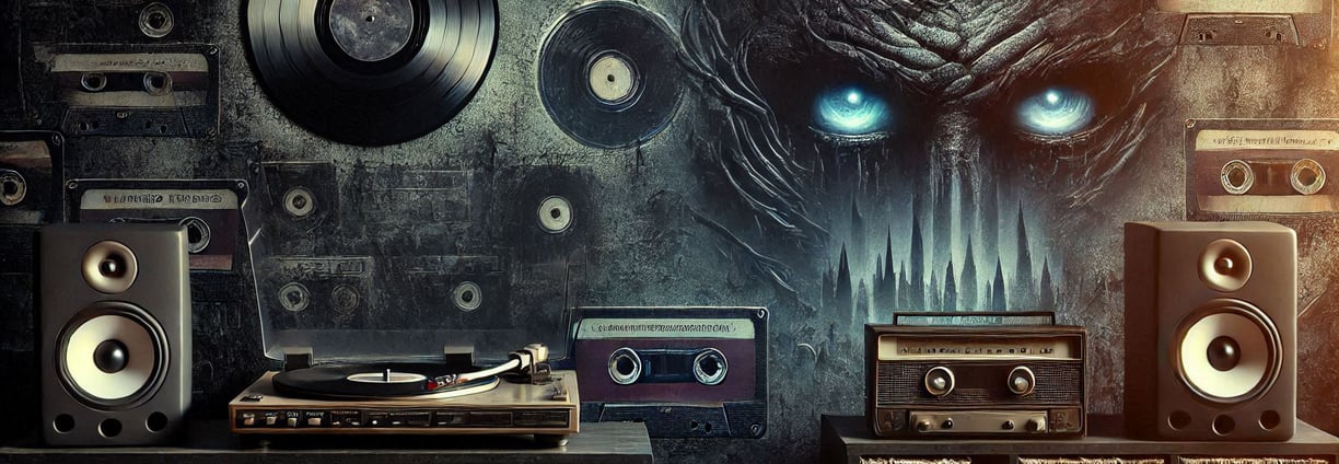 Wall of distorted record, with an alien face plastered on the wall.