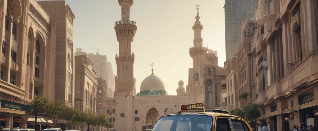 A yellow taxi is seen in traffic with a blue and yellow vehicle in front of it. The taxi has a registration plate and religious stickers on the rear window. There is text in a regional script on the back of the taxi.