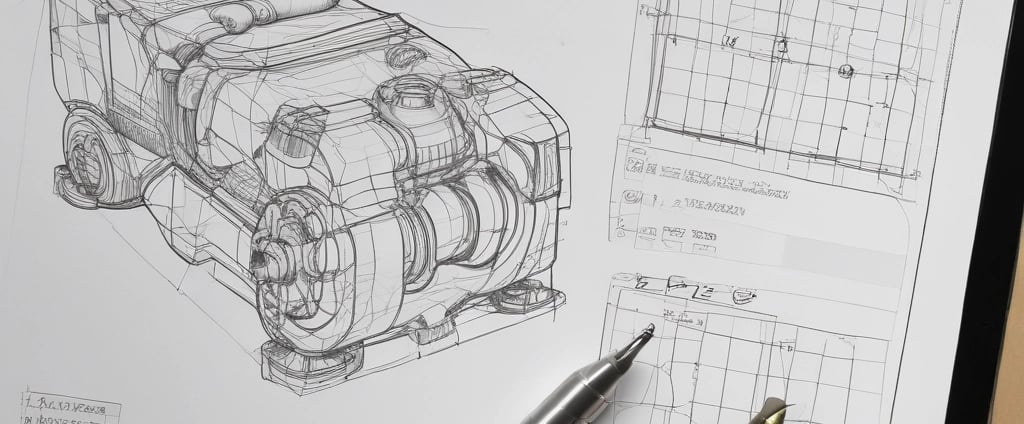 The image depicts an architectural or engineering workspace featuring technical drawings with precise measurements and annotations. Several drafting tools, including a pen, pencil, protractor, and triangular scale, are placed on top of the drawings. A rolled-up sheet of paper and a metallic rectangular case are also visible, adding to the professional and organized setting.