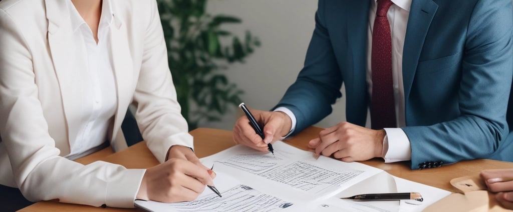 A professional consultation setting with a medical professional sitting at a desk facing a client. The room has a modern aesthetic with white walls decorated with framed certificates. The desk is organized with office supplies, a laptop, and a fruit bowl in the center.