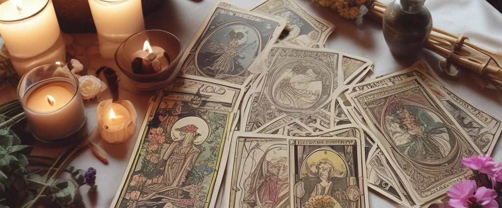 A collection of Tarot cards is scattered across a surface, displaying a variety of illustrations and symbolism. Some cards are upright, while others are upside down, featuring figures such as 'The Hanged Man,' 'The Sun,' 'The Fool,' and 'The Devil.' The cards are colorful and intricately designed, often depicting medieval or mythical scenes with characters, animals, and symbolic objects.