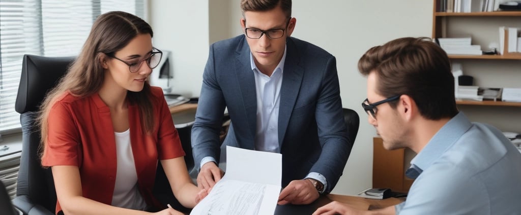 A notary reviewing documents with a couple at their office.