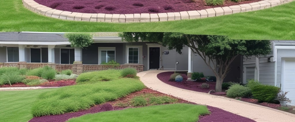 Sprinklers lightly spray water over a lush green lawn bordered by hostas and a mulched garden bed. Sunlight filters through the dense foliage of surrounding trees, creating a serene, natural setting.