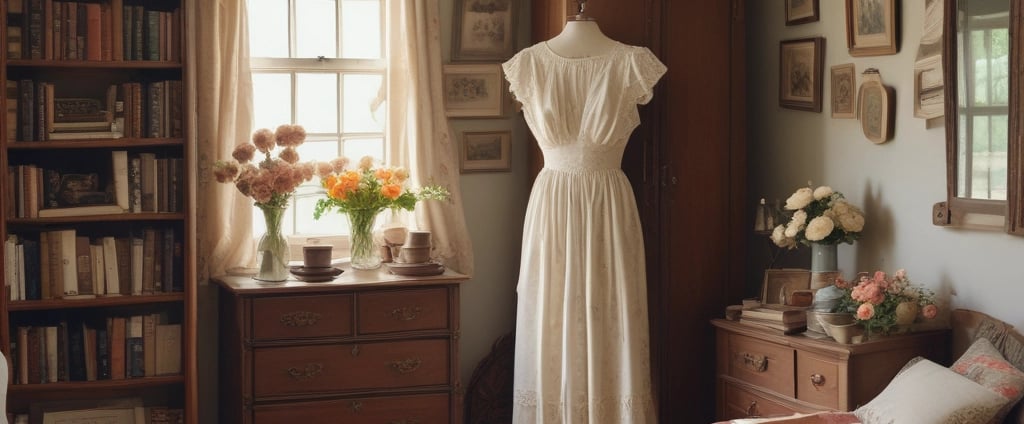 A vintage-themed clothing and decor shop interior with wooden floors and white walls. Clothing is neatly arranged on racks, featuring a mix of shirts, jackets, and hats. The store is decorated with potted plants, including cacti, and various retro items such as posters and signage. There are shelves displaying small potted plants and wooden crates filled with merchandise. A mannequin wearing a vintage t-shirt and sneakers sits on a wooden box.