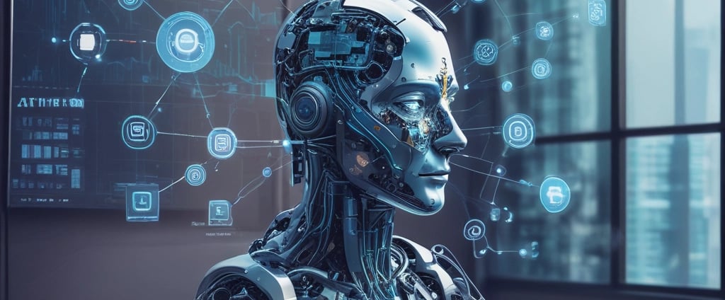 A futuristic and digital-themed image features a stylized circuit board with the words 'Open AI' in bold, glowing letters. Above it is a design that resembles an AI or robot face with neon accents. The background consists of a network of interconnected blue lines and nodes, suggesting themes of technology and connectivity.