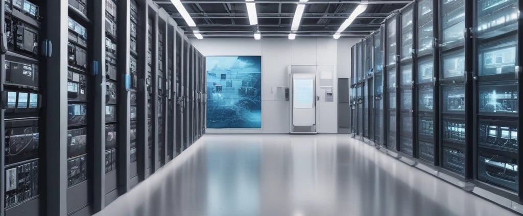 A laboratory setup featuring various networking and testing equipment on a table. A computer monitor displaying test results with a 'Pass' message is prominently positioned. Multiple cables in orange and blue are connected to devices labeled 'Optical Phase Modulation Meter' and 'Test Station'. The environment appears clean and organized, suggesting a professional or industrial setting.