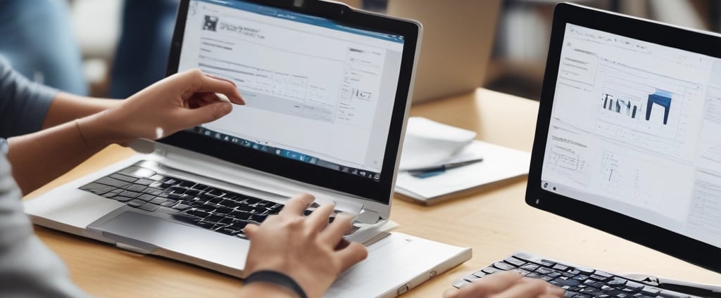 A person is typing on a silver laptop with a screen displaying text about designing digital solutions for big customers. Nearby, there is a black smartphone and white earphones placed on the desk. The person's sleeves are light blue, suggesting a casual attire.