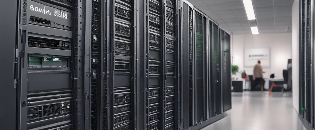 A digital rendering depicting a tall, metallic server rack positioned centrally on a platform. The server appears to have multiple blue-lit slots. Surrounding the rack, there are several stacks of cylindrical objects resembling databases or storage units, all set against a dark background.