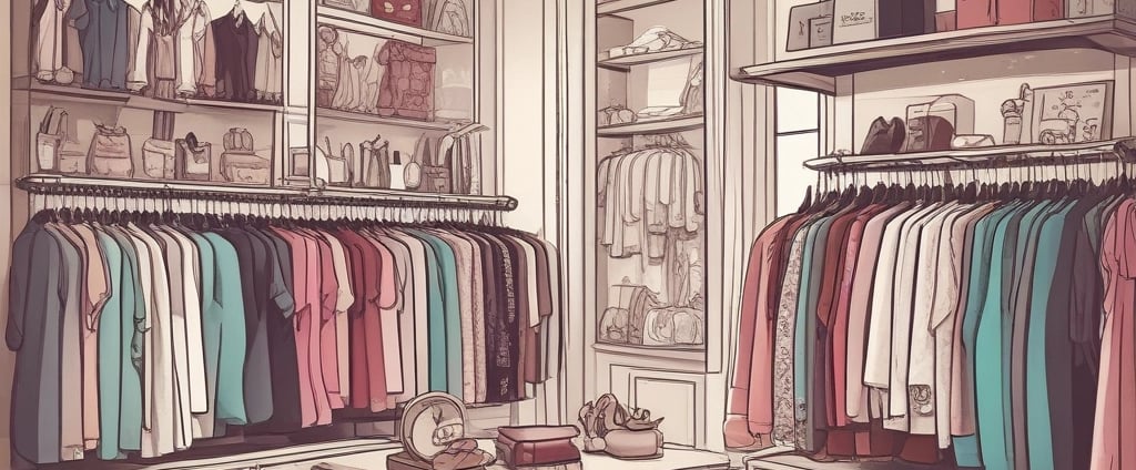 A multi-level clothing store interior featuring numerous shelves and mannequins displaying various garments. Clothes of different colors, including shirts, sweaters, and jackets, are arranged neatly. The store has bright lighting, and there are shoppers visible in some sections.