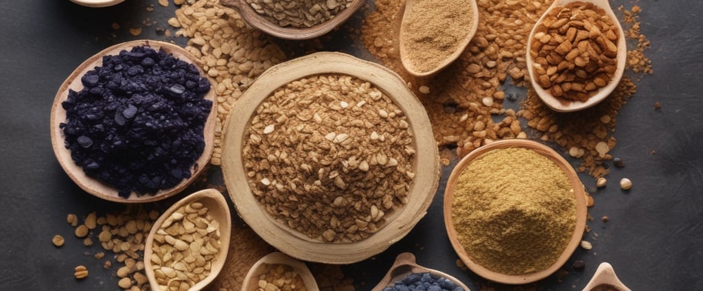 A decorative bowl contains coconut-covered chocolate energy balls. Beside the bowl, a spoon holds a small amount of brown protein powder scattered on a white marble surface. A container labeled 'Organic Rice Protein' with 'Nature Zen' branding stands in the background against a subtle white brick wall.