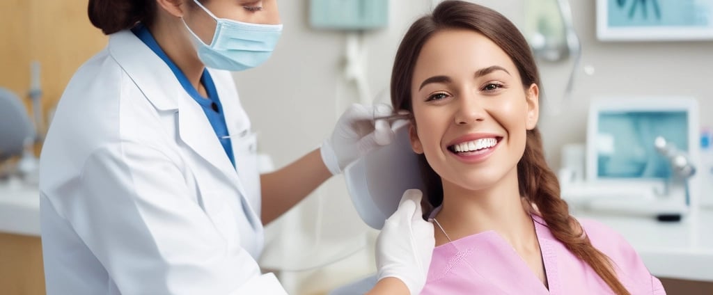 Several hands hold dental care items including a clear dental aligner, a whitening product in a small bottle, and a storage case labeled 'Candid'. The background is a solid light blue, providing a clean and minimalistic appearance.