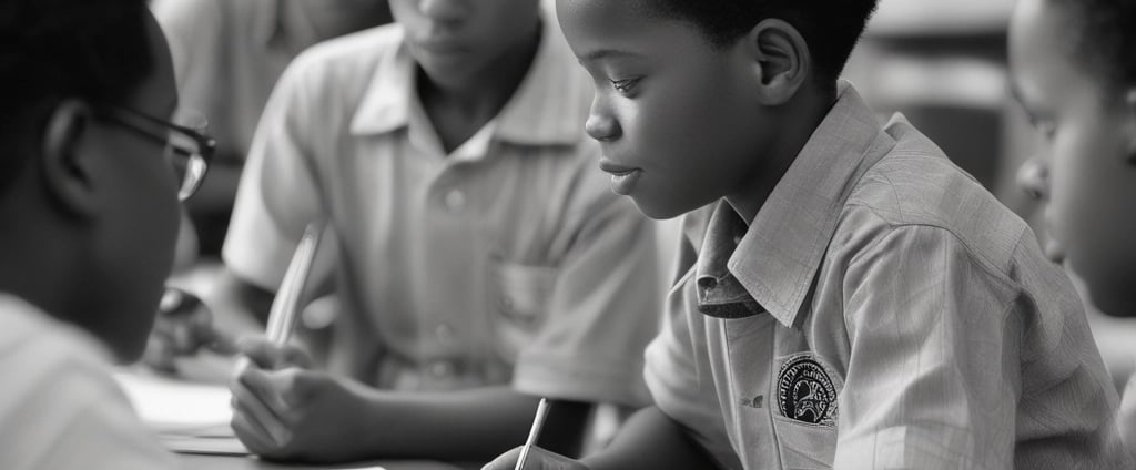 A group of young children sits at wooden desks in a classroom setting, with a teacher assisting them. The children are engaged in writing or drawing activities, wearing clothing typical of an earlier era. The teacher leans over to help some of the children, indicating an interactive and attentive learning environment. The room has a minimalist design with a blackboard and simple furniture.