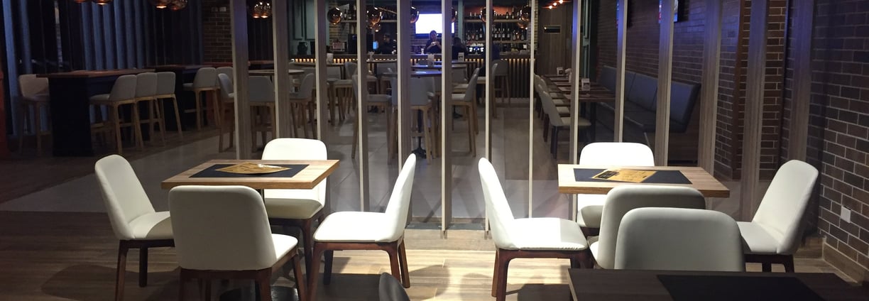 a restaurant with a view of a city skyline