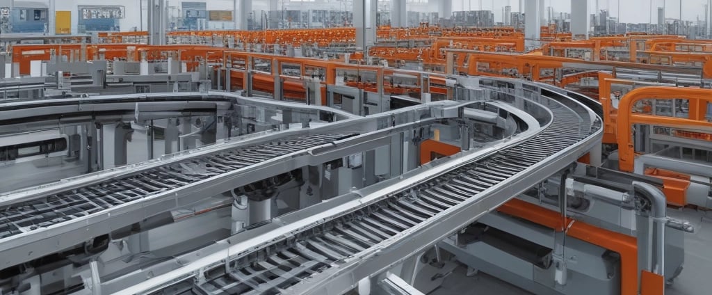 The image features a piece of industrial equipment, specifically a conveyor belt system with an angled section for transporting items. It includes a motorized control unit and support structure with metal components.