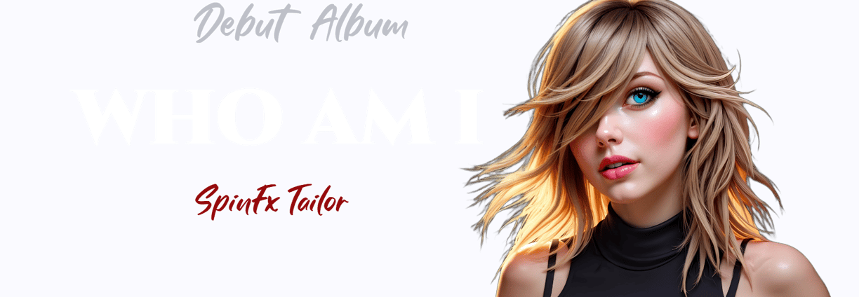 a woman with blonde hair and blue eyes Text: Debut album "WHO AM I" by SPINFX TAILOR