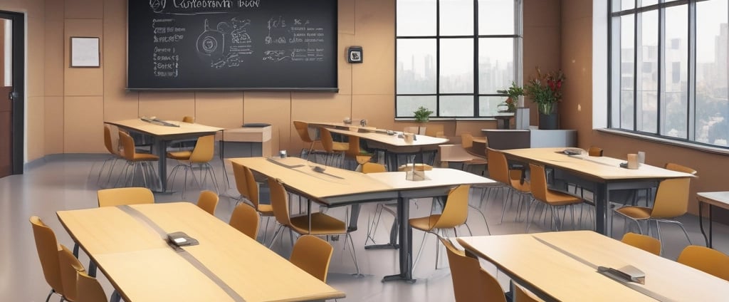 A historical classroom setting with several students seated at wooden desks. The teacher stands at the front near a blackboard filled with writings and diagrams. A globe is placed on a table, and educational charts hang on the walls.