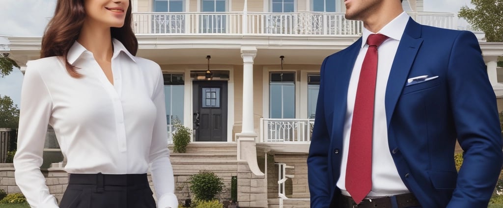 A group of people dressed in formal attire are standing in front of a real estate office. The storefront displays a large sign with an URL and various social media icons, and text in a foreign language. The group mostly consists of men in white shirts and dark trousers, standing in a straight line, with two women at either end of the row.
