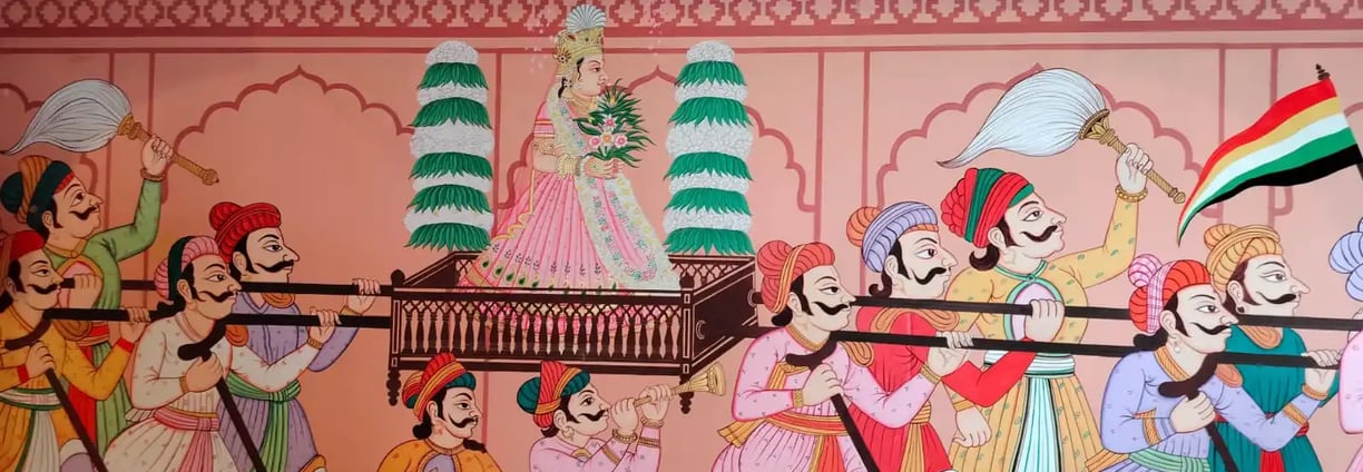 A vibrant mural showcasing Indian individuals engaged in Rajasthani Gangaur cultural activities