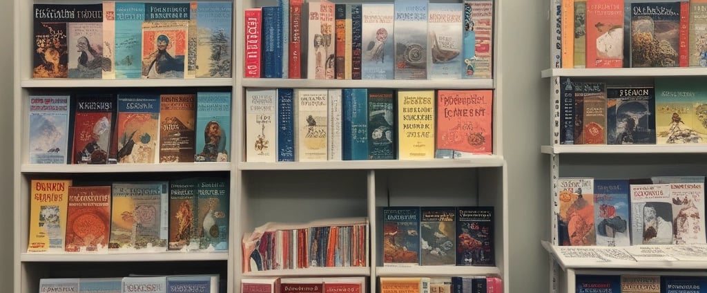 A collection of various books related to translation and dictionaries, with covers in a mix of English and Arabic languages. The books have diverse cover designs featuring text, globes, and other graphical elements. They're arranged in neat rows on a patterned surface.