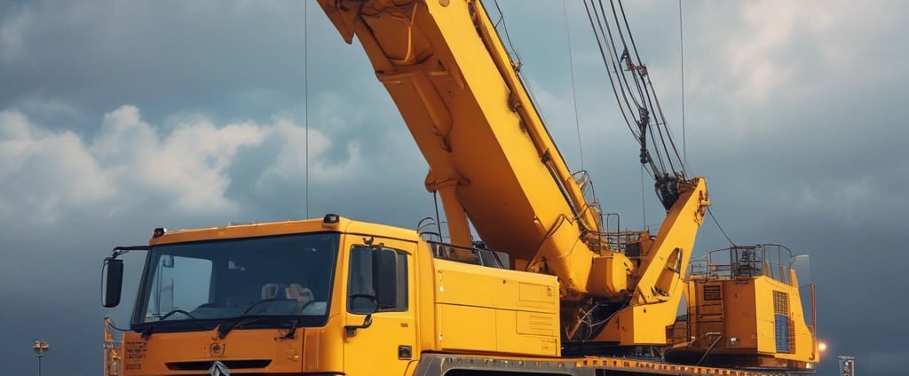 A red construction crane with a large hook hangs against a clear sky. The crane features a lattice boom design and is positioned at an angle with cables extending vertically.