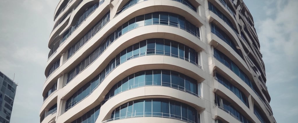 A multi-story residential building features numerous apartments with balconies. Each unit is fitted with air conditioning units attached below the windows. The facade exhibits a uniform pattern of windows and concrete, creating a repetitive architectural style.