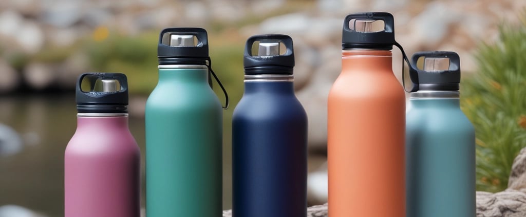 A stainless steel water bottle features a prominent label with the words 'Measure Twice, Cut Once, FILSON, Unfailing Goods' in a circle. The background is blurred, highlighting the bottle's design and text.