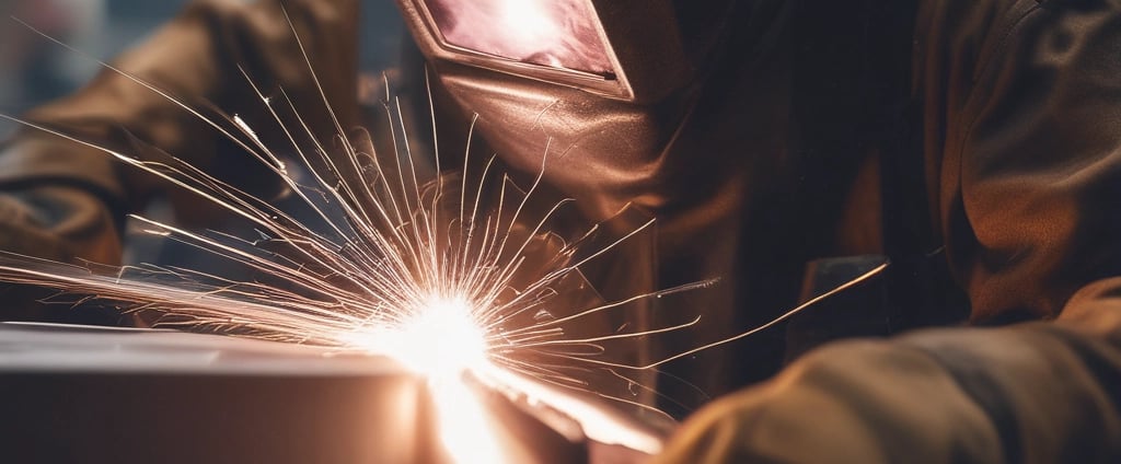 A construction worker wearing a protective helmet stands on a metal scaffold while welding steel beams. Sparks fly as the welding process creates an electric arc. The background includes a blue-roofed building and brick walls.