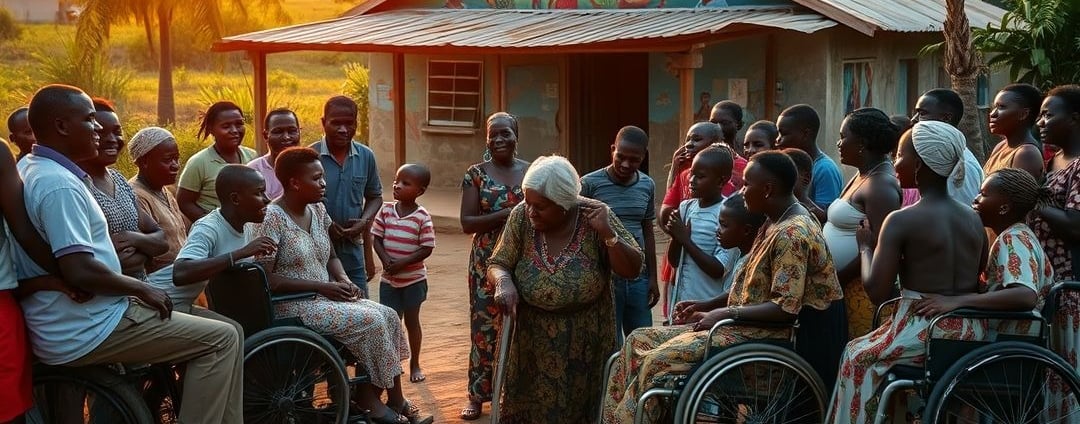 a group of people in wheelchairs and wheelchairs in front of a small building