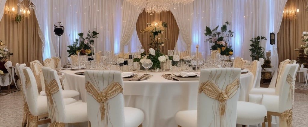 A well-decorated outdoor event space is set up with round tables covered in purple and white tablecloths and chairs wrapped with white covers and purple bows. Floral centerpieces are placed on the tables. The venue is adorned with white and purple drapes, and there are decorative lights illuminating the area. In the background, people are mingling near a buffet section. The scene is lively and festive.