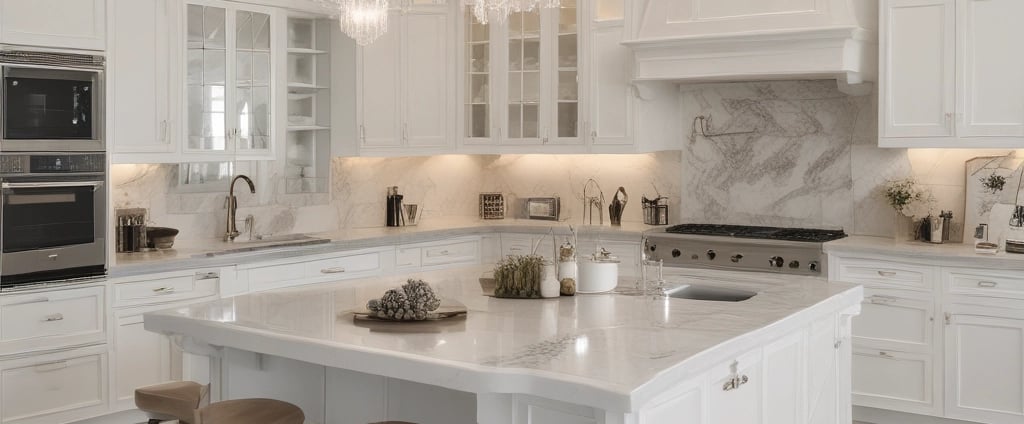 A spacious, luxurious kitchen features a large island with dark cabinetry and granite countertops. There are several pendant lights hanging from the ceiling, and the kitchen area opens into a brighter living space with windows offering a scenic view. A variety of decorative items, including a collection of colorful plates and a large statue, add character to the room.